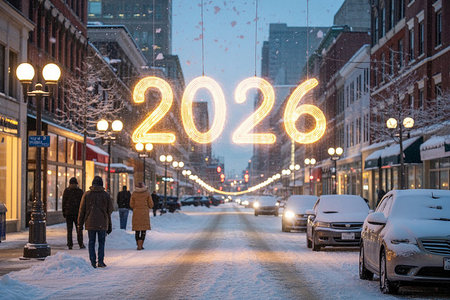 A snowy urban street at dusk, with glowing 2026 numbers and people walking.の素材