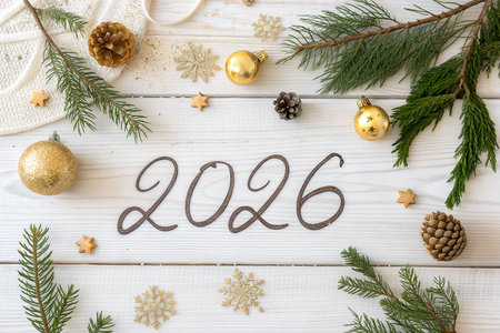 A festive holiday scene featuring the year 2026 surrounded by Christmas ornaments and pine branches.の素材