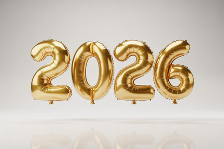 Shiny gold balloons in the shape of numbers form the year 2026.の素材