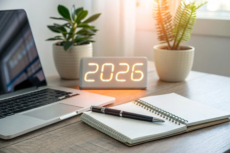 A modern desk with a laptop, notebook, pen, and plants, illuminated by sunlight.の素材