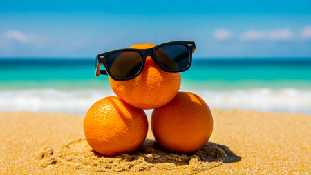 Funny oranges wearing sunglasses on a tropical beachの素材