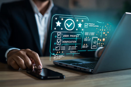 Business professional reviewing digital checklist and data on futuristic interfaceの素材
