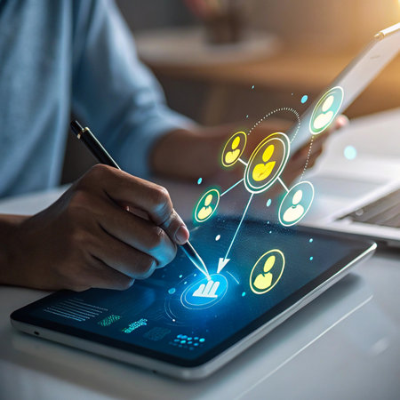 Person interacting with digital network and social media icons on tabletの素材