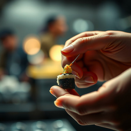 Chef s hands carefully preparing a small appetizer or sushi rollの素材