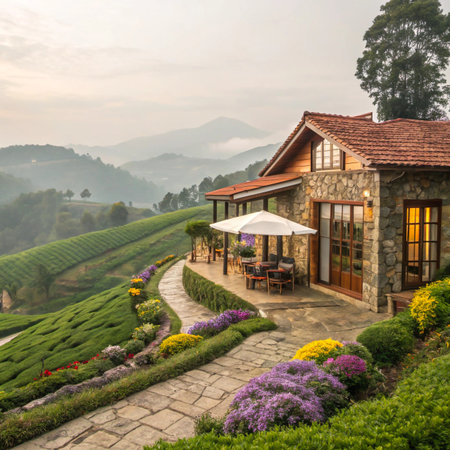 A charming stone cottage with a tiled roof sits on a hillside overlooking vibrant green tea fields and rolling hills.の素材