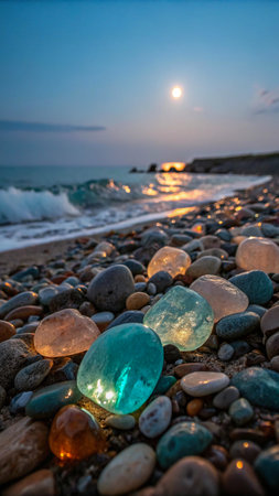 A serene beach scene at dusk with colorful, illuminated stones scattered on the shore, reflecting moonlight and gentle waves.の素材