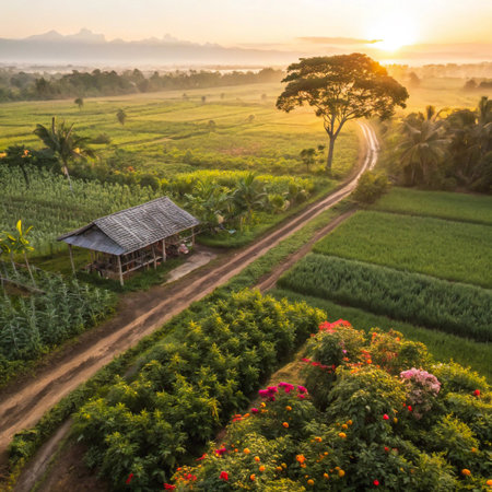 An aerial view captures a tranquil rural landscape at sunrise, featuring a solitary house, winding dirt road, and vibrant green fields.の素材