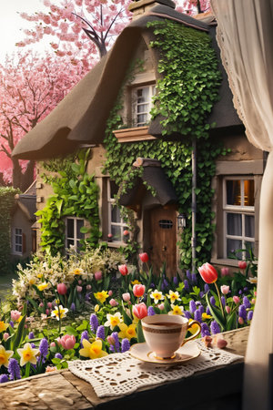 A whimsical cottage draped in ivy, surrounded by a vibrant garden bursting with colorful flowers, with a teacup on a lace doily.の素材