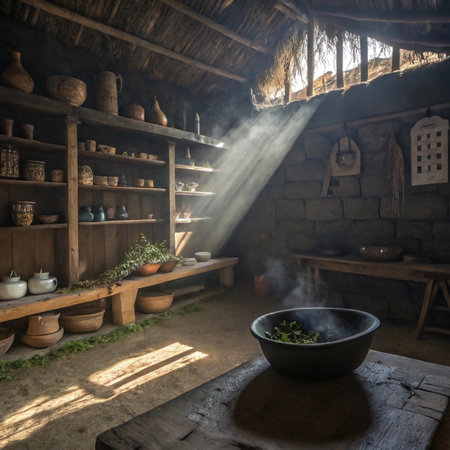 A dimly lit, ancient kitchen bathed in dramatic sunlight, showcasing shelves filled with pottery and a steaming bowl on a table.の素材