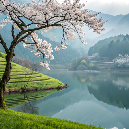 A blooming cherry blossom tree graces a hillside overlooking a calm lake with distant misty mountains and terraced greenery.の素材