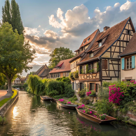 A charming European canal flows past traditional half-timbered houses adorned with flowers, under a soft, cloudy sky.の素材