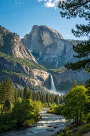 A breathtaking view of a waterfall cascading down a granite cliff in Yosemite Valley, surrounded by lush green trees and a flowing river.の素材