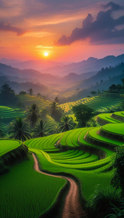 A breathtaking sunset paints the sky with warm hues over rolling green rice terraces and distant misty mountains.の素材