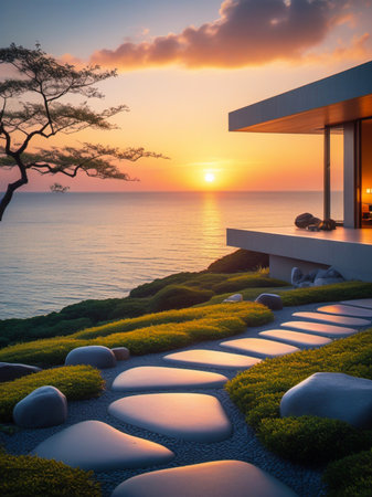 A contemporary house with a stone pathway leading to the ocean, bathed in the warm glow of a sunset.の素材