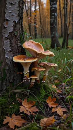 A cluster of large, flat-topped mushrooms grows on the side of a tree trunk amidst fallen leaves and green grass.の素材
