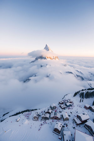 An aerial view of a snow-covered village nestled below a towering, sunlit mountain peak, emerging from a sea of clouds.の素材