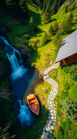An aerial view captures a wooden boat peacefully docked next to a vibrant waterfall, surrounded by lush green hills and a winding stone path.の素材