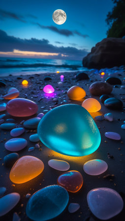 Smooth, colorful stones on a sandy beach glow with internal light under a serene twilight sky and a large moon.の素材