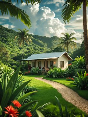 A charming house nestled in a vibrant tropical landscape with rolling green hills and dramatic clouds.の素材