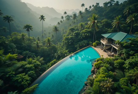 An aerial view of a stunning infinity pool beside a villa, nestled within a dense, misty tropical rainforest.の素材
