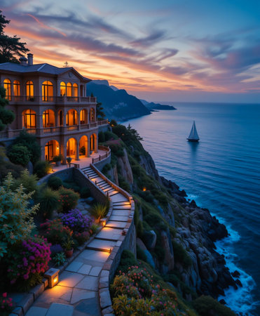 A stunning villa perched on a cliffside, illuminated by warm lights, with a sailboat in the ocean during a colorful sunset.の素材