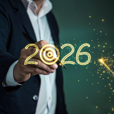 A person in a suit holds the year 2026, illuminated and surrounded by sparkling lights, symbolizing future success.の素材