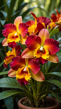 Close-up of a cluster of vibrant Cattleya orchids with fiery red and yellow petals, showcasing intricate details and lush green foliage.の素材