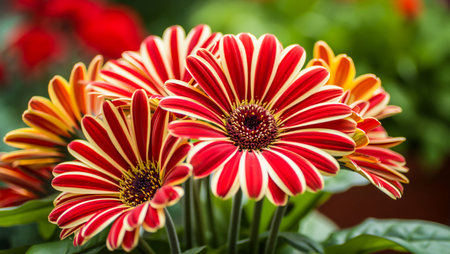 Close-up of vibrant red and white striped Gerbera daisies blooming in a garden, with a soft green bokeh background.の素材