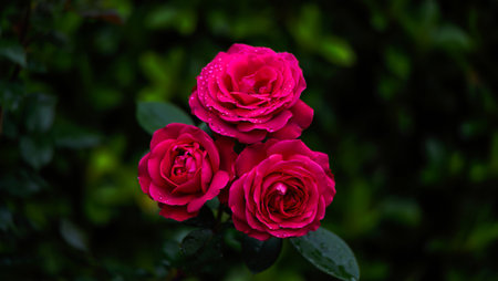 A close-up shot of three vibrant, deep pink roses with lush green foliage in the background.の素材