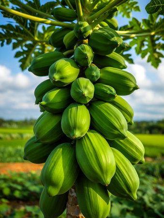 A close-up view of a papaya tree trunk laden with numerous unripe green papayas, set against a blurred agricultural background.の素材