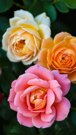 Close-up of three vibrant roses in shades of pink, yellow, and orange, with soft green foliage in the background.の素材