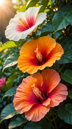 Three vibrant hibiscus flowers in shades of white, orange, and pink bloom against lush green foliage, bathed in soft sunlight.の素材