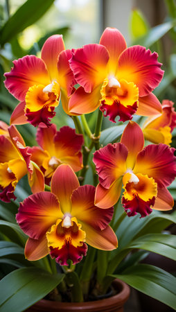 Vibrant Cattleya orchid flowers in shades of red, orange, and yellow bloom in a lush green setting.の素材