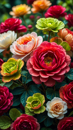 A vibrant close-up of a colorful assortment of blooming ranunculus flowers in various shades of red, pink, orange, and green.の素材