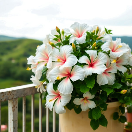 A lush bouquet of white and pink hibiscus flowers in a pot on a balcony with a scenic green landscape in the background.の素材