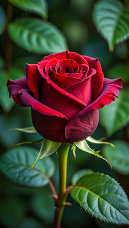 A single, velvety red rose in full bloom with dark green leaves in the background, showcasing its intricate petals.の素材