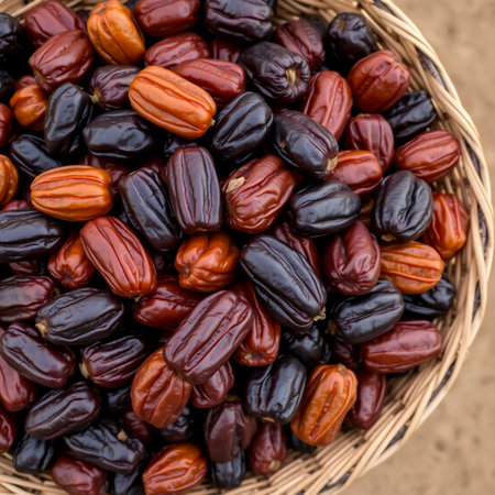 A woven basket overflowing with a colorful assortment of dried jujube fruits, showcasing their ribbed texture and deep hues.の素材
