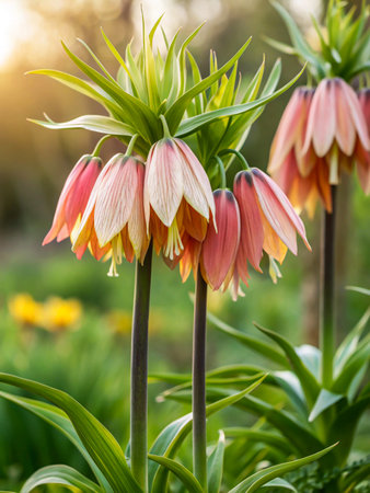 Close-up of delicate, bell-shaped Fritillaria imperialis flowers in soft pink hues, blooming in a garden with a blurred green background.の素材