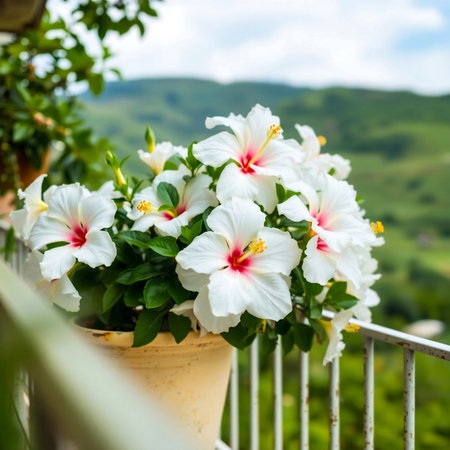 Beautiful white hibiscus flowers with pink centers bloom in a pot on a balcony overlooking a lush green hillside.の素材