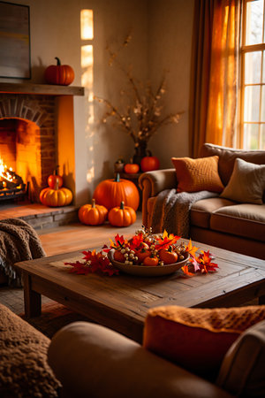 Warm and inviting living room decorated for fall with a crackling fireplace, pumpkins, and autumnal accents.の素材
