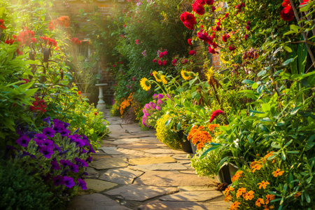 A winding stone pathway is bordered by lush greenery and a profusion of colorful blooming flowers under warm sunlight.の素材