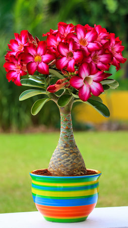 A stunning desert rose plant with bright pink flowers sits in a vibrant, multi-colored pot against a blurred green background.の素材