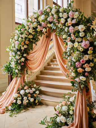 A grand floral archway, adorned with lush flowers and flowing fabric, frames a staircase, creating a romantic wedding ceremony backdrop.の素材