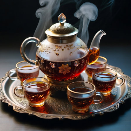 A beautiful vintage teapot and several cups filled with steaming tea are presented on an ornate silver tray.の素材