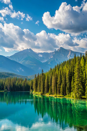 A vibrant turquoise lake reflects a dense evergreen forest and majestic mountains under a bright, cloud-filled sky.の素材