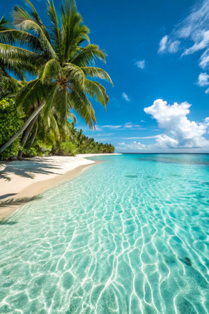 A serene tropical beach with white sand, lush green palm trees, and incredibly clear turquoise ocean water reflecting sunlight.の素材