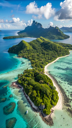 An aerial view of Bora Bora showcasing lush green islands, vibrant turquoise lagoons, and dramatic volcanic peaks under a bright blue sky.の素材