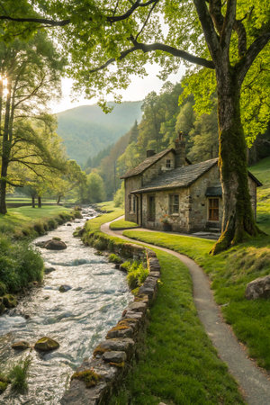 A charming stone cottage nestled in a verdant valley, with a clear stream flowing beside a winding path and dappled sunlight filtering through the trees.の素材