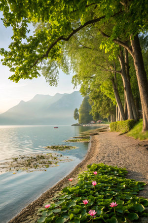 A tranquil pathway curves alongside a calm lake, shaded by vibrant green trees and dotted with blooming water lilies.の素材
