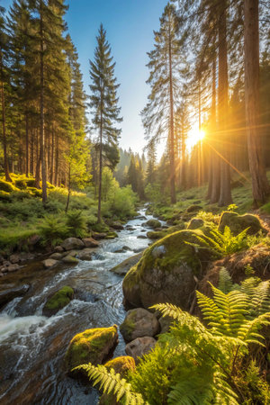 A vibrant forest scene with tall trees, lush ferns, and a clear, flowing river illuminated by golden sunlight.の素材